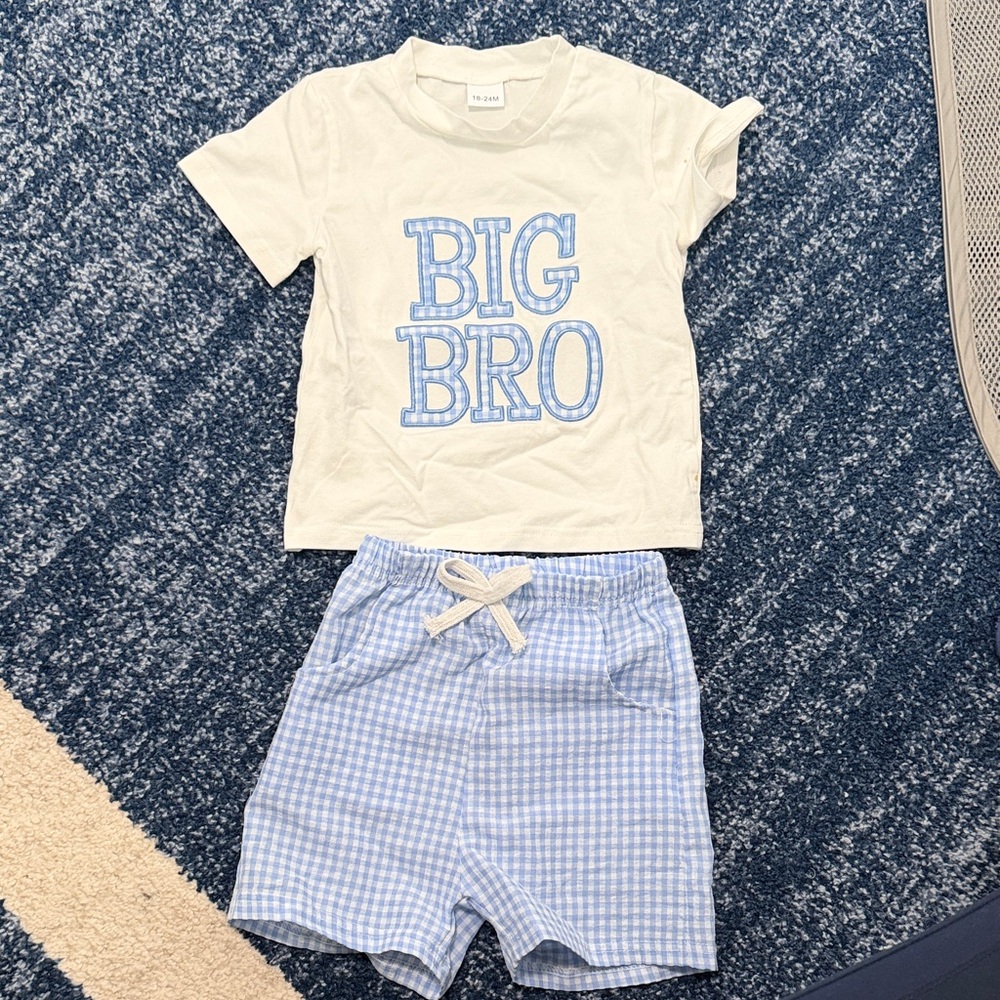 Big Bro White Tee & Blue Gingham Shorts Set